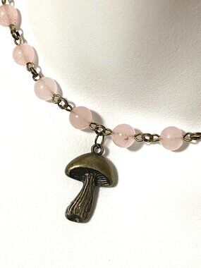 Genuine Pink Rose Quartz Short Necklace, Natural Gemstone & Bronze Slim Mushroom